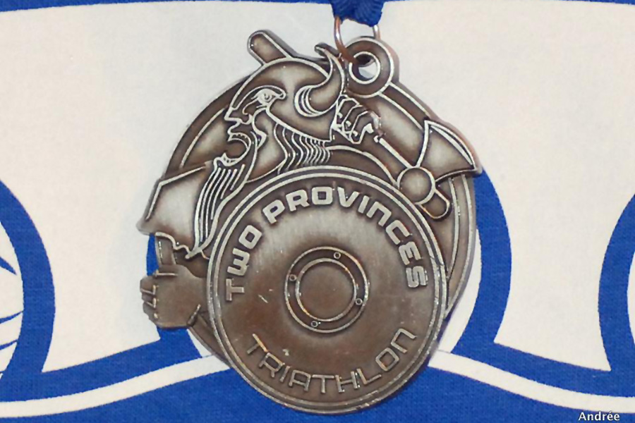 Two Provinces Triathlon Viking Warrior Medal. Photo by Andrée Gallagher